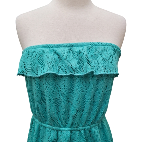 Trixxi Floral Lace Strapless High Low Hem Turquoise Green Dress Sz L - Picture 5 of 14